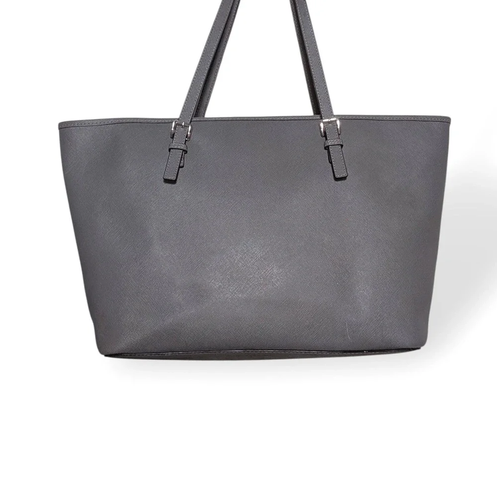 Michael Kors Jet Set Travel Tote Grey Saffiano Leather Large Shoulder Bag Silver